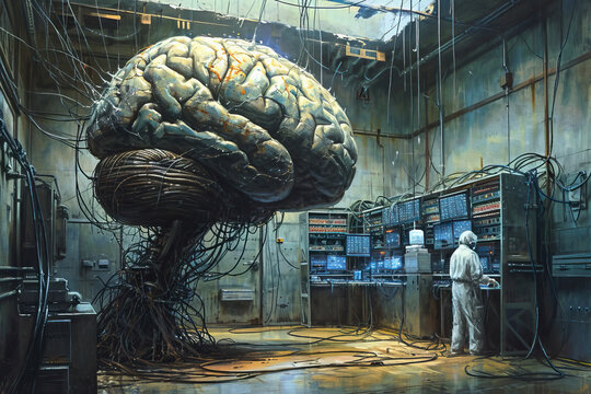 A brain image stored in a server room, merging art and human body details.