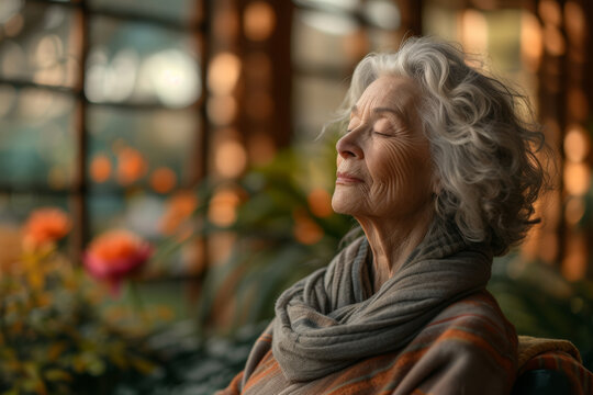 An image of a senior woman enjoying a moment of solitude and reflection in a botanical garden, illustrating the tranquility and fulfillment that come from connecting with nature. Generative Ai.