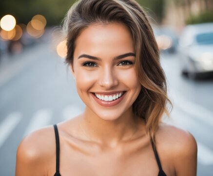 A Woman With A Smile On Her Face On A Gray Background 