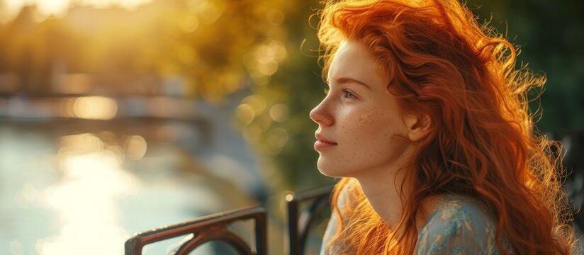 A happy woman with red hair sitting in a chair, smiling and looking at the water, enjoying the fun and beautiful art of nature's portrait. - Powered by Adobe
