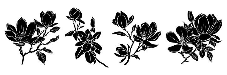 Set of Black silhouettes of decorative fresh blossoming magnolia branch with leaves and flowers. Hand drawn outline flower icon. Vector monochrome illustration isolated on transparent background.