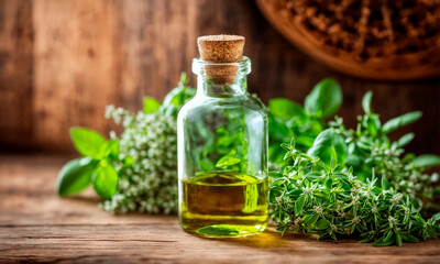 basil essential oil in a bottle. Selective focus.