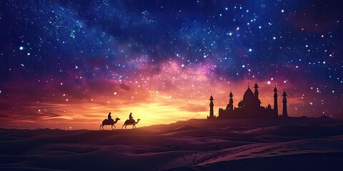 Fototapeta na wymiar Desert Caravan under Starry Night: A silhouette of a caravan traveling through a starlit desert towards a distant mosque, symbolizing the journey of faith, with Welcome Ramadan in stylish lettering
