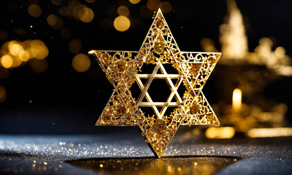 golden star of David on a golden background. Selective focus.