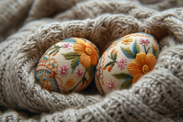 Beautifully embroidered Easter linens, enhancing the festive atmosphere with intricate patterns and designs. Concept of Easter embroidery. Generative Ai.