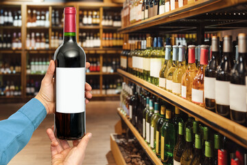 Wine wine bottle with empty label in female's hand in front of liquor store.