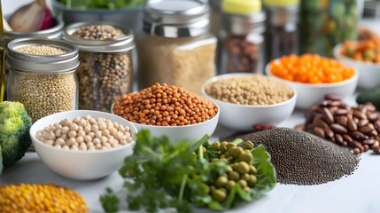 Assortment of Legumes and Grains in Bowls and Jars