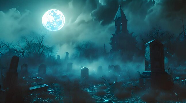 Graveyard with a crypt at night with full moon, tombstones and mysterious swirling fog