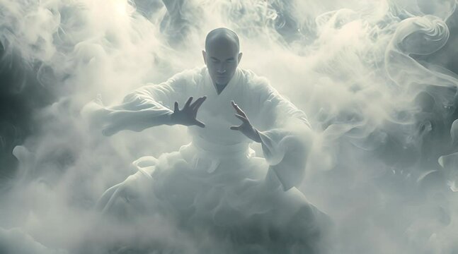 Focused shaolin monk channeling chi to control the enviroment around him