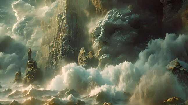 Big waves washing the rocky walls of the seashore with a carved human face on it