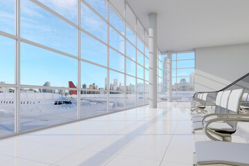 Modern style empty airport terminal lounge with city view background 3d render, There are large window overlooking a plane taking off.