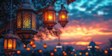 Ramadan Lanterns and Stars: A cascade of traditional Ramadan lanterns and twinkling stars set against a twilight sky, a festive and welcoming atmosphere with Warm Ramadan Greetings in cozy lettering