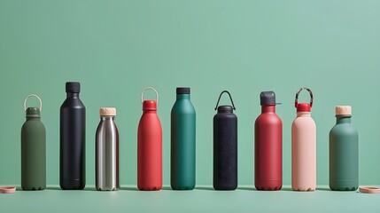 Assorted Reusable Water Bottles on Green Background