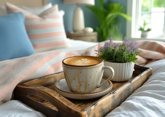 Fototapeta na wymiar morning coffee in bed costal style
