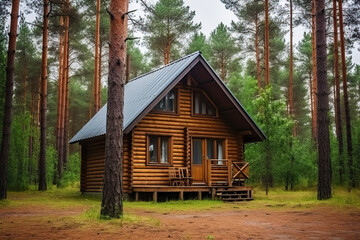  Small wooden house or cabin in a pine forest for recreation, camping in the forest, barbecue in nature