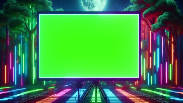 TV with a green screen against the backdrop of a night neon forest with the moon.
