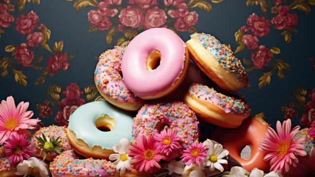 A pile of tasty donuts with a floral wallpaper background