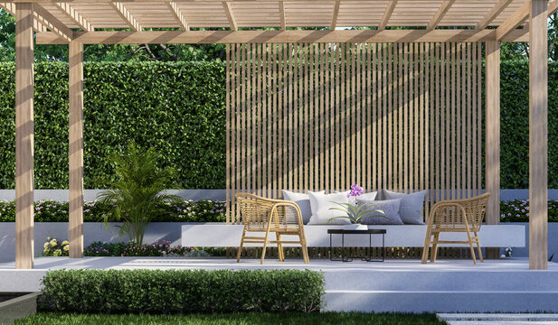Modern contemporary style wooden pavilion with green wall background 3d render, there are polished concrete floor decorated with wooden slats furnished with rattan chair