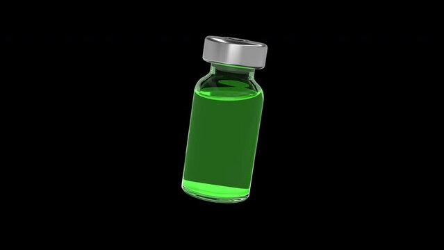 Green liquid in an ampoule. Bright ampoule rotates on a transparent background. Concept of medicine, vaccination, hypodermic injections. Seamless animation