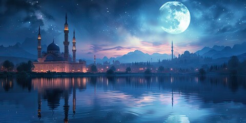 Ramadan Reflection Pond: A tranquil scene of a mosque reflected in a still pond under the...
