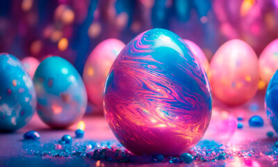 holographic Easter eggs on a shiny background. Selective focus.