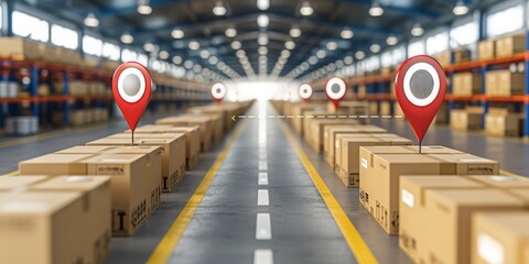 Fototapeta premium A Red Location Pin Marks the Target Package in a Warehouse Filled with Stacked Shipping Boxes, Generative AI