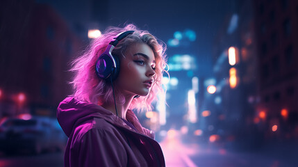 Fototapeta na wymiar Beautiful synthwave girl in a nice looking clothes in a synthwave world, retrowave neon city. AI Generative.