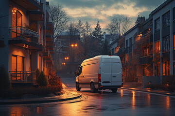 Obraz premium A delivery van parked outside a residential area, ready to distribute packages. Concept of last-mile delivery. Generative Ai.