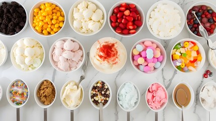 Assortment of Ice Creams and Toppings on Marble Surface