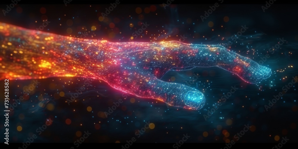 Poster a human hand interacts with a swirling galaxy of digital particles, symbolizing connection and innov