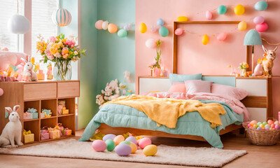 children's room in Easter decor. Selective focus.