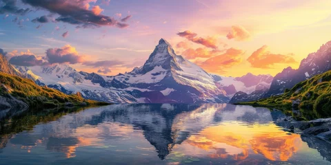 Tuinposter A majestic mountain landscape at sunset, snow-capped peaks, a crystal-clear lake reflecting the vibrant sky, serene nature. Resplendent. © Summit Art Creations