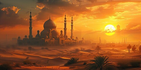 Desert Mirage Ramadan: A captivating scene of a desert mirage, with an oasis and a mosque appearing as a vision of hope and faith in the vast desert, with Mirage of Ramadan in mystical script - obrazy, fototapety, plakaty