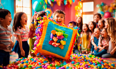 children's party with pi ata and candy. Selective focus. - obrazy, fototapety, plakaty