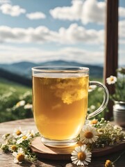 Cup of herbal tea with camomile flowers on wooden table against mountains landscape and sky background, selective focus
