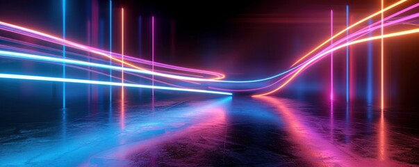 3d render. Abstract background of dynamic neon lines glowing in the dark, floor reflection, Generative AI