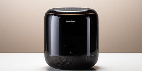 A portable wireless speaker placed, Modern smart speaker device with gray background for text placement and copy space