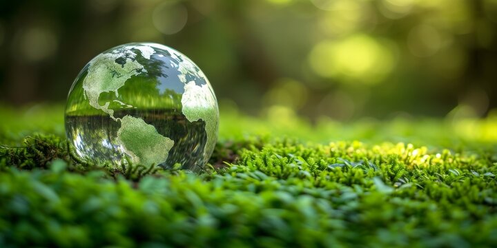 Environmental Stewardship Visualized: A Transparent Globe Rests Gently on Lush Moss, Symbolizing Sustainable Living on Earth, Generative AI