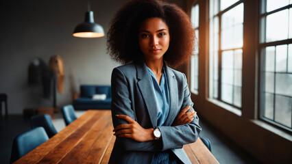 Woman wearing a blue suit and a watch standing with her arms crossed. She is in a room with a table and chairs, and the room has large windows. - obrazy, fototapety, plakaty