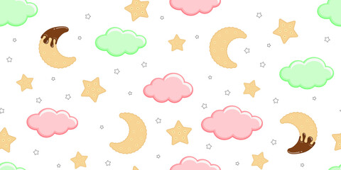 Pink and green clouds, chocolate topped cookie crescent moons and cookie stars on a white background with small outline stars. Kids endless texture with sweet sky. Vector seamless pattern for giftwrap