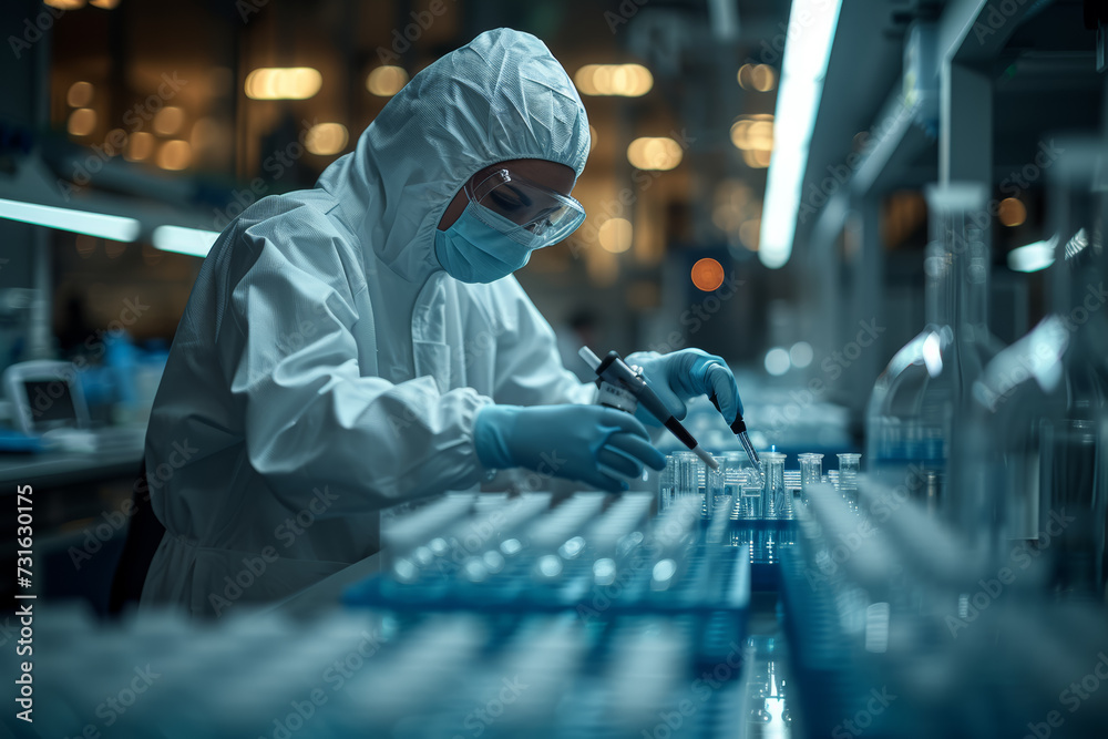 Poster a laboratory technician using precision instruments to manipulate genes. concept of genetic engineer