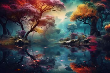 Fototapeta na wymiar Autumn Reflections in Enchanted Lake Surrounded by Colorful Forest - Generative AI