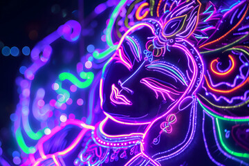 Neon outlined Indian goddess portrait. Neural network generated image. Not based on any actual person or scene.