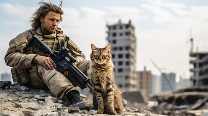 Obraz premium Portrait of a military man with a gun holding a kitten