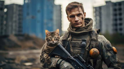 Fototapeta premium Portrait of a military man with a gun holding a kitten