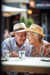 Fototapeta na wymiar senior couple, love and smile on a date at an outdoor restaurant for lunch together with happiness