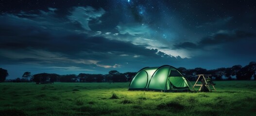 Fototapeta na wymiar Serenity Under the Stars: A Green Tent Lit by the Milky Way's Glow - Generative AI