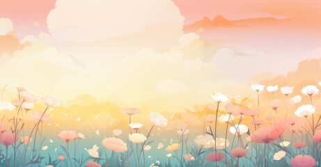 Obraz na płótnie Canvas Serene Meadow of Pastel Flowers at Sunset - A Calming Nature Scene Generative AI