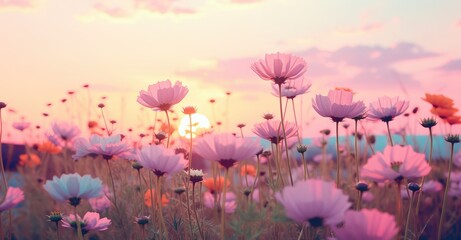 Serene Meadow of Pastel Flowers at Sunset - A Calming Nature Scene Generative AI