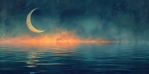 Obraz na płótnie Canvas Oceanic Ramadan Serenity: A serene, ocean-themed design with a crescent moon reflecting over calm seas, symbolizing peace and tranquility during Ramadan, with Oceanic Peace - Ramadan in fluid